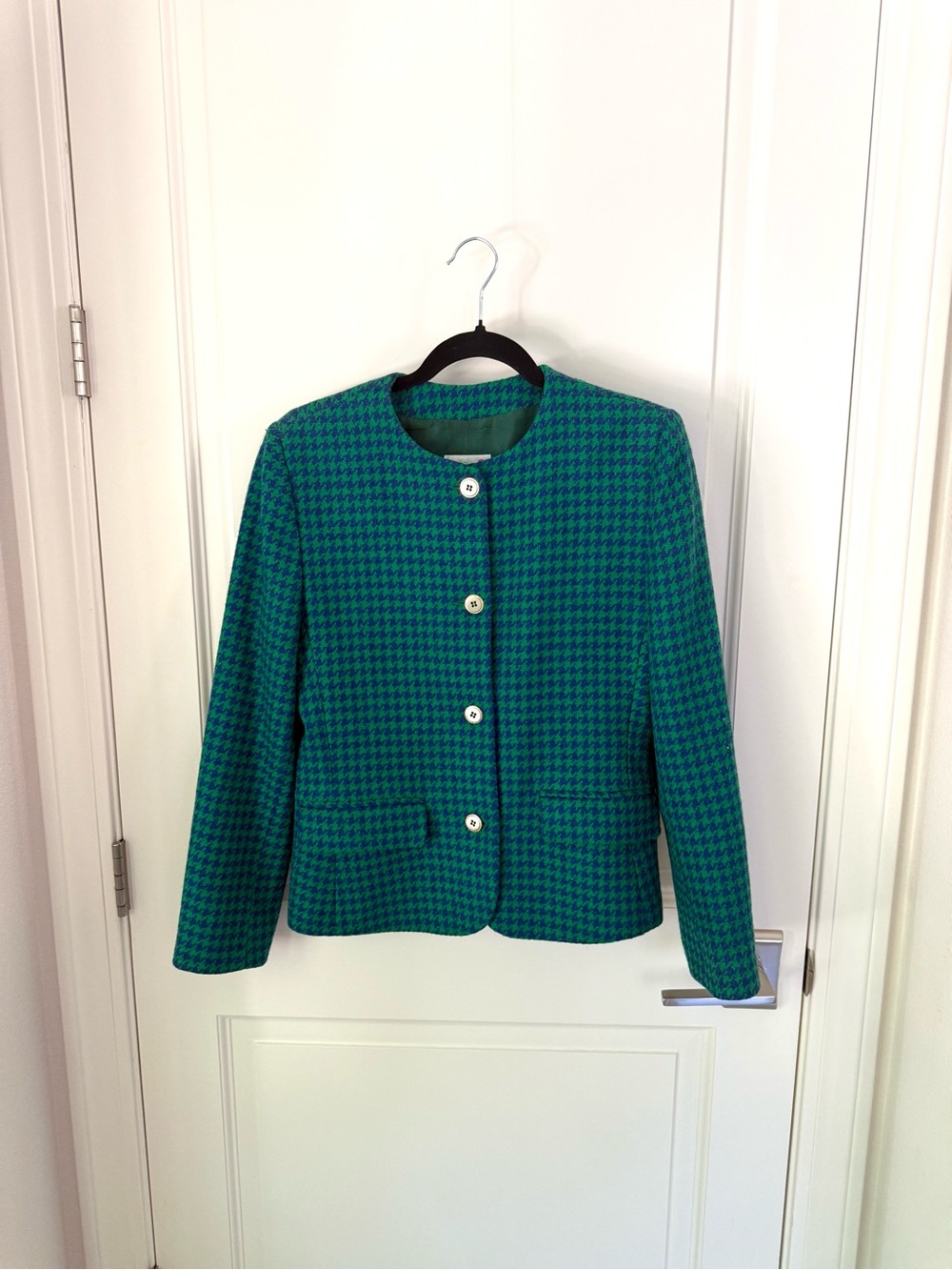 Vintage Caroll Paris Houndstooth Wool Blazer Green & Blue size 38 Euro